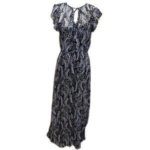 White House Black Market feather design, flutter sleeve, blk wht blue maxi XXS